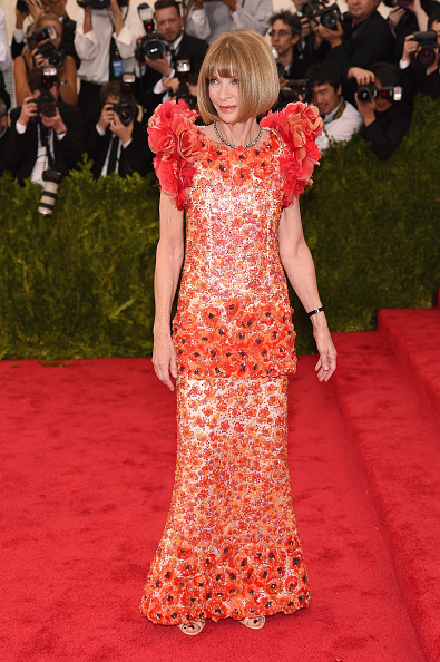 Event Chair Anna Wintour chose a custom gown from the Chanel Spring 2015 haute couture collection.